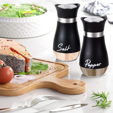Salt and Pepper Set,Salt and Pepper Shakers Sets with Glass Bottle, Stainless Steel Spice Dispenser Kitchen Accessories for Home,Kitchen, Restaurant, Dining Table (Black)