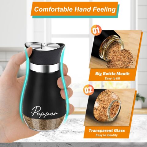 Salt and Pepper Set,Salt and Pepper Shakers Sets with Glass Bottle, Stainless Steel Spice Dispenser Kitchen Accessories for Home,Kitchen, Restaurant, Dining Table (Black)