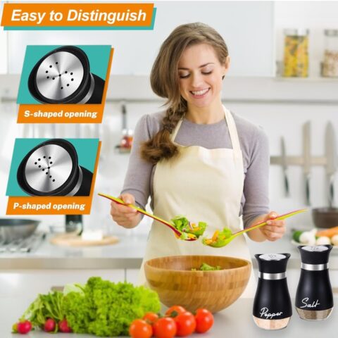 Salt and Pepper Set,Salt and Pepper Shakers Sets with Glass Bottle, Stainless Steel Spice Dispenser Kitchen Accessories for Home,Kitchen, Restaurant, Dining Table (Black)