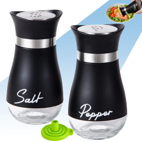 Salt and Pepper Set,Salt and Pepper Shakers Sets with Glass Bottle, Stainless Steel Spice Dispenser Kitchen Accessories for Home,Kitchen, Restaurant, Dining Table (Black)